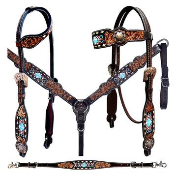 Bar H Equine Genuine Western American Leather Horse Premium Headstall & Breast Collar Set